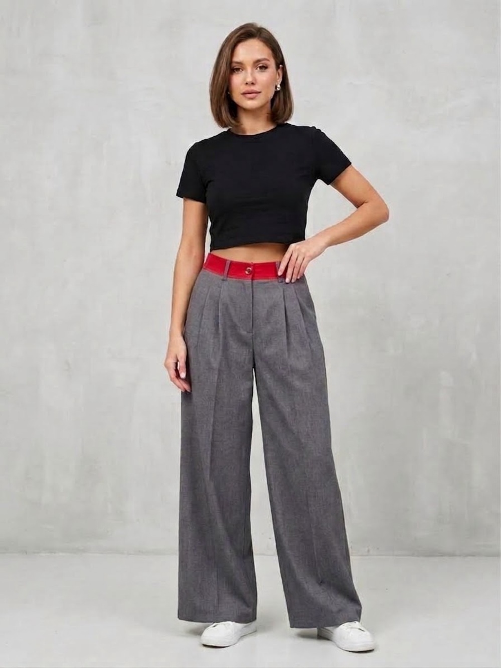 Commense Gray Wide-Leg Trousers with Red Waistband